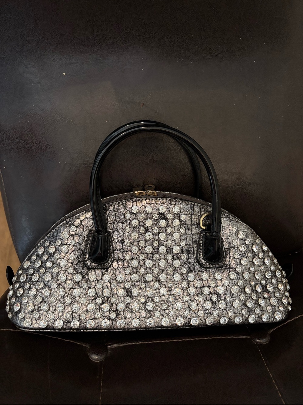 Silver Crystal-Embellished Dome Satchel Handbag